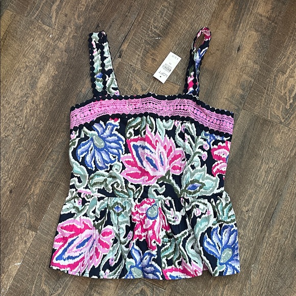 New LOFT Floral Ruffle Square Neck Tank Top Size XSMALL Pink/ Navy - Picture 1 of 6